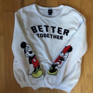 Disney Women’s Mickey and Minnie Fluffy Fur  Crewneck Sweatshirt